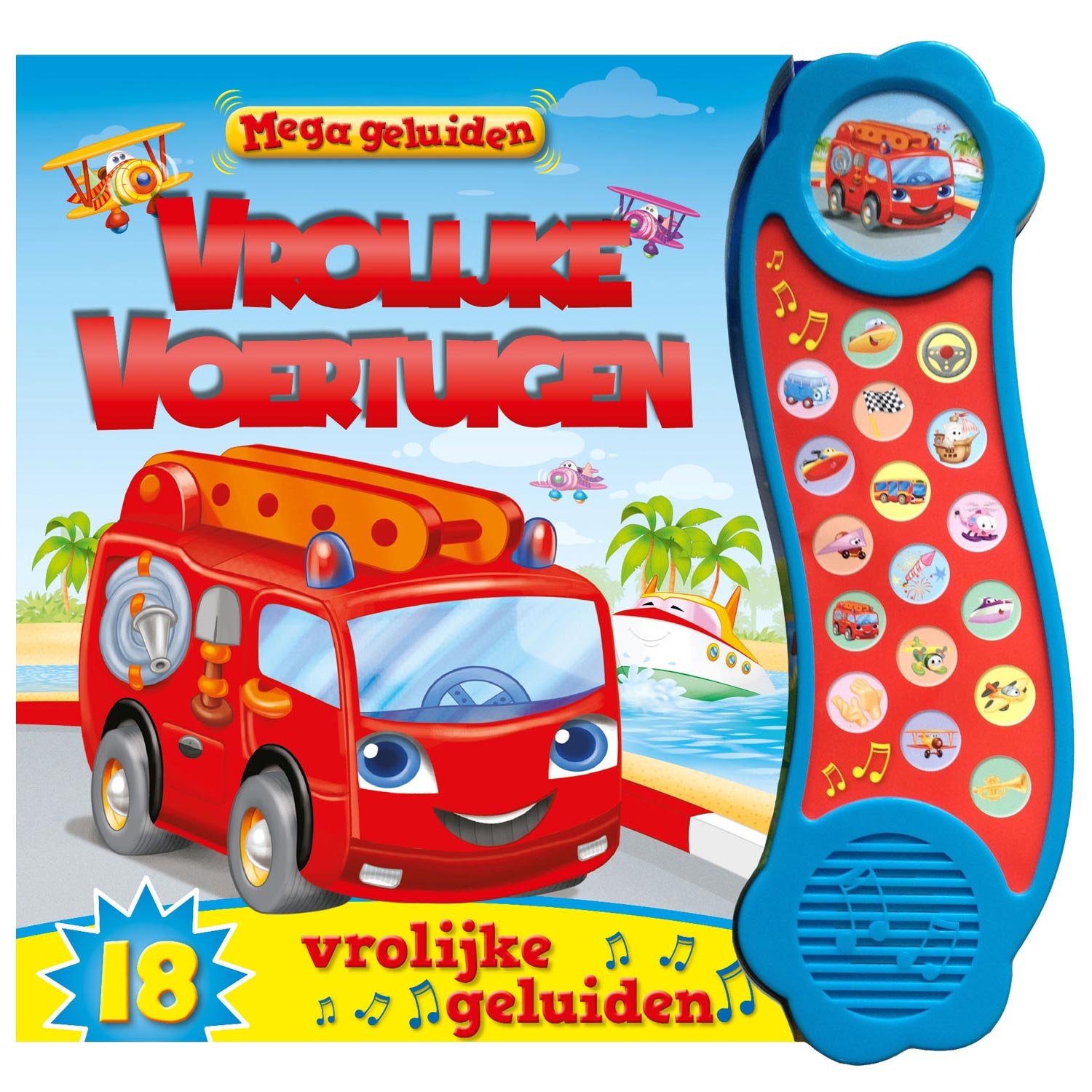 rebo-publishers-kinderboek-vrolijke-voertuigen-met-geluiden Interactief kinderboek Vrolijke Voertuigen met 18 vrolijke geluiden en kleurrijke illustraties Mega Geluidenboek Vrolijke Voertuigen