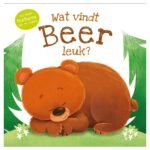 Omslag van het kinderboek 'Wat vindt Beer leuk?' met een schattige slapende beer en groene bomen op de achtergrond Voelboek - Wat vindt Beer leuk?