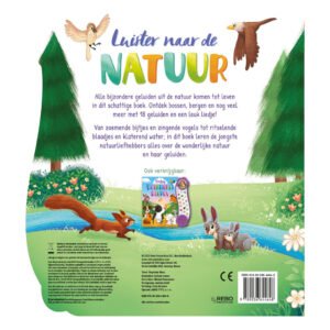 Illustratieve achterkant van het kinderboek 'Luister naar de Natuur' met uitleg over natuurgeluiden en dieren.