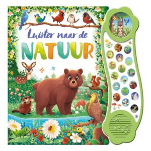Voorkant van het interactieve kinderboek 'Luister naar de Natuur' met geluiden van dieren en natuur. Geluidenboek Luister Naar de Natuur
