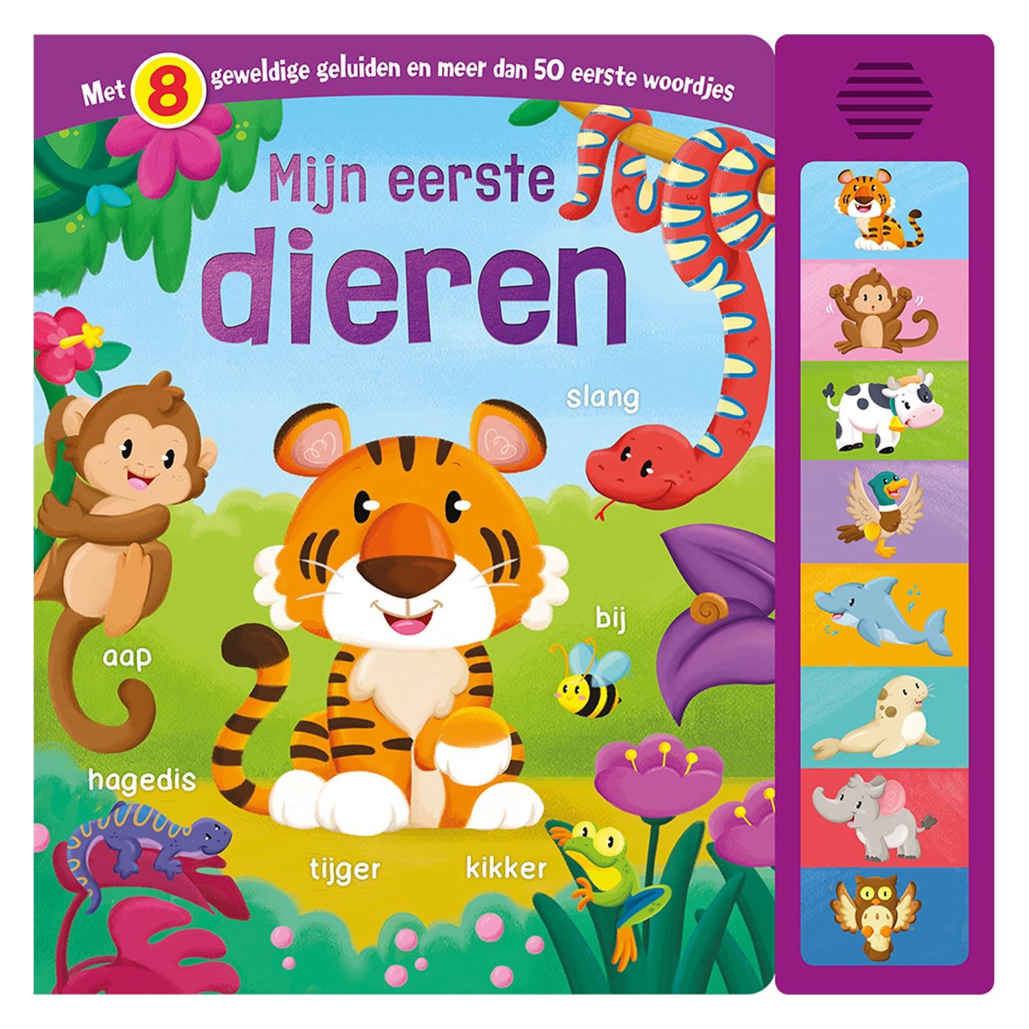 rebo-publishers-mijn-eerste-dieren-kinderboek-tijger-aap-slang Interactief kinderboek "Mijn eerste dieren" met kleurrijke illustraties van een tijger, aap, slang en meer dieren Geluidenboek Mijn Eerste Dieren