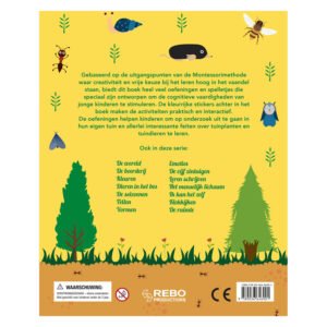 Achterkant van Montessori oefenboek over de tuin met educatieve uitleg en dierenillustraties