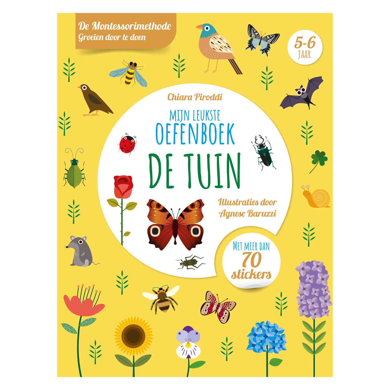 rebo-publishers-montessori-oefenboek-de-tuin-voorkant Voorkant van Montessori oefenboek De Tuin voor kinderen met kleurrijke illustraties en stickers De Tuin - Leukste Oefenboek