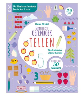 Voorkant Montessori oefenboek Tellen met vrolijke illustraties en meer dan 50 stickers voor kinderen van 3-5 jaar Tellen Oefenboek