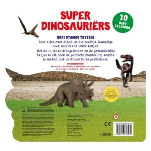 Achterkant van het kinderboek "Super Dinosauriërs" met kleurrijke dino-afbeeldingen en informatieve tekst over dinosaurusgeluiden.