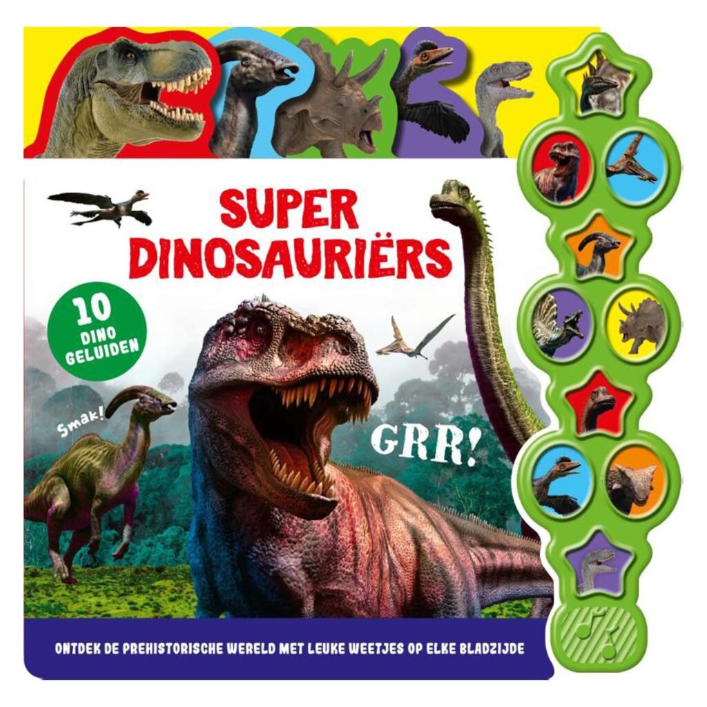 Voorkant van het interactieve kinderboek "Super Dinosauriërs" met brullende T-rex en geluidsknoppen met verschillende dinosaurussen. Geluidenboek Super Dinosauriers