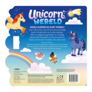 Achterkant van het kinderboek "Unicorn Wereld" met kleurrijke eenhoorns, regenboog en sterrenhemel