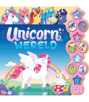 oorkant van het interactieve kinderboek "Unicorn Wereld" met witte gevleugelde eenhoorn en roze geluidsknoppen Unicornwereld 10 Geluidenboek