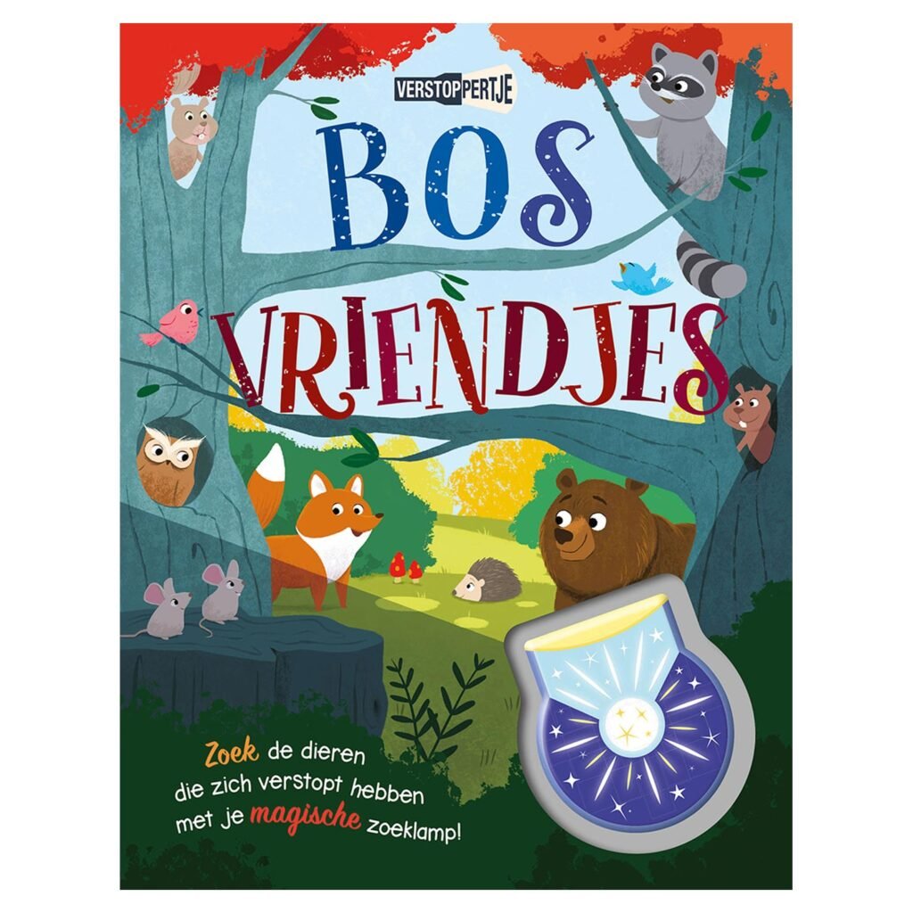 Kinderboek "Verstoppertje Bosvriendjes" met dieren uit het bos en magische zoeklamp op de cover Interactief Zoekboek Bosvriendjes met Zaklamp
