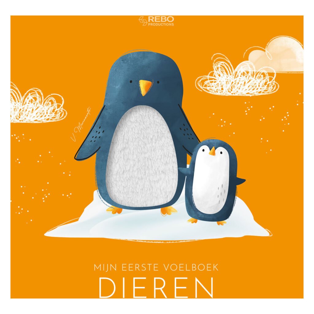 Omslag van kinderboek 'Mijn eerste voelboek - Dieren' met pinguïn ouder en jong op een ijsberg Dieren - Eerste Voelboek