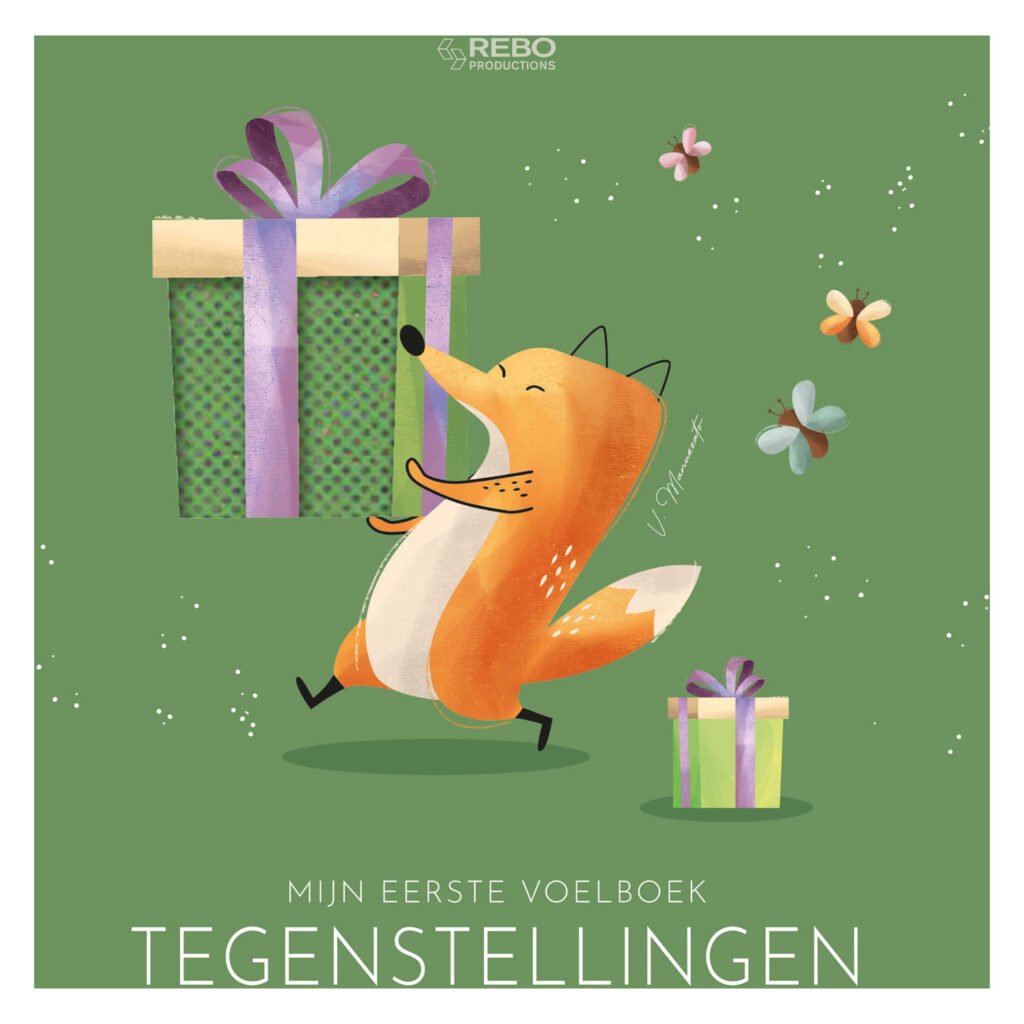 Vrolijke vos met groot en klein cadeau op cover van voelboek over tegenstellingen Tegenstellingen - Eerste Voelboek