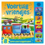 Kleurrijk kinderboek over voertuigen met geluiden en vrolijke illustraties van trein, brandweerwagen en meer Geluidenboek Voertuigvriendjes - 8 Geluiden