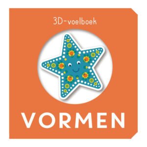 Voorkant van het 3D-voelboek 'Vormen' met een vrolijke blauwe zeester op een oranje achtergrond 3D-Voelboek - Vormen