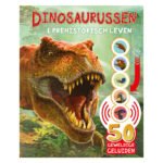 Voorkant van spannend kinderboek met brullende T. rex en knoppen voor 50 dinosaurussengeluiden. Geluidenboek Dinosaurussen & Prehistorie