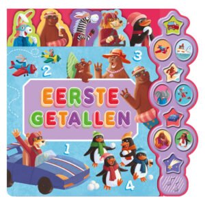 Voorkant van het interactieve kinderboek 'Eerste Getallen' met vrolijke dieren en geluidknoppen Geluidenboek Eerste Getallen