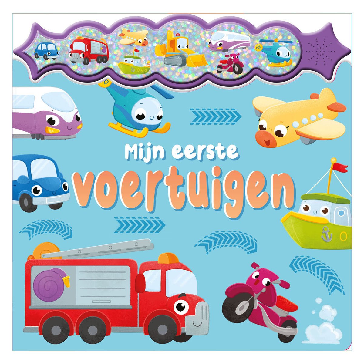 rebo-publishers-voorkant-kinderboek-mijn-eerste-voertuigen Voorkant van kinderboek 'Mijn eerste voertuigen' met vrolijke illustraties van voertuigen zoals vliegtuig, brandweerwagen en motor. Geluidenboek Mijn Eerste Voertuigen