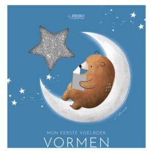Omslag van voelboek 'Vormen' met illustratie van een beer op een maan en een glinsterende ster. Vormen - Eerste Voelboek