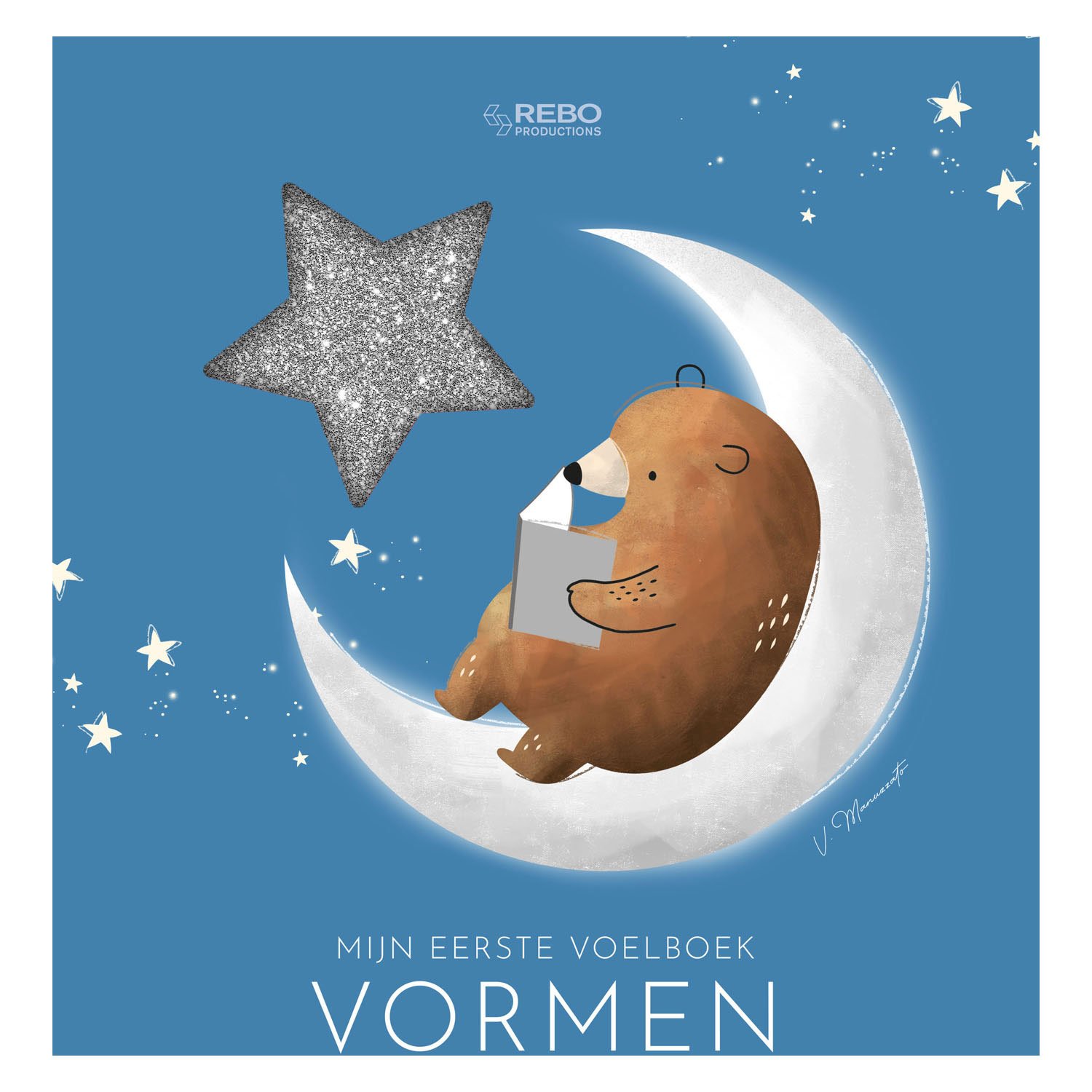 rebo-publishers-voorkant-voelboek-vormen-met-maan-en-ster Omslag van voelboek 'Vormen' met illustratie van een beer op een maan en een glinsterende ster. Vormen - Eerste Voelboek
