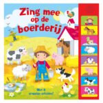 Voorkant van het geluidenboek "Zing mee op de boerderij" met boer, boerderijdieren en 8 geluidsknoppen voor kinderen. Geluidenboek Zing Mee op de Boerderij