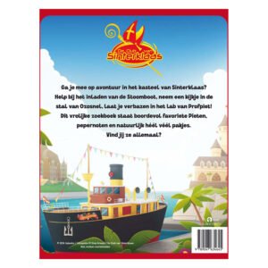 Achterkant van Het Grote Zoekboek van Sinterklaas met vrolijke stoomboot en kasteel op de achtergrond