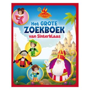 Voorkant van Het Grote Zoekboek van Sinterklaas met illustraties van Sinterklaas en Pieten voor het kasteel Club van Sinterklaas Grote Zoekboek