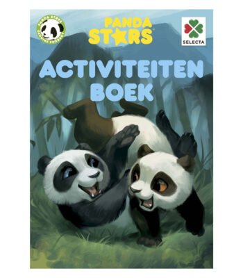 Twee spelende panda’s op de cover van het Panda Stars activiteitenboek voor kinderen Panda Stars Activiteitenboek