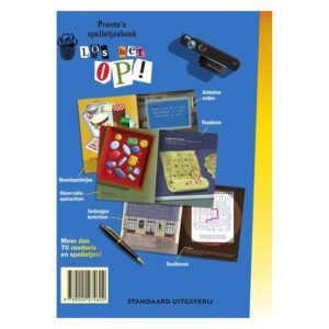 Achterkant van het spelletjesboek 'Los het op!' met raadsels, doolhoven en geheime codes voor kinderen
