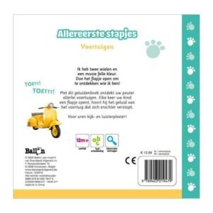 Achterkant van het peuterboek Allereerste Stapjes Voertuigen met een gele scooter en uitleg over geluidenboek