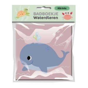 Blije baby badboekje met walvis en waterdieren op roze achtergrond Badboekje Waterdieren