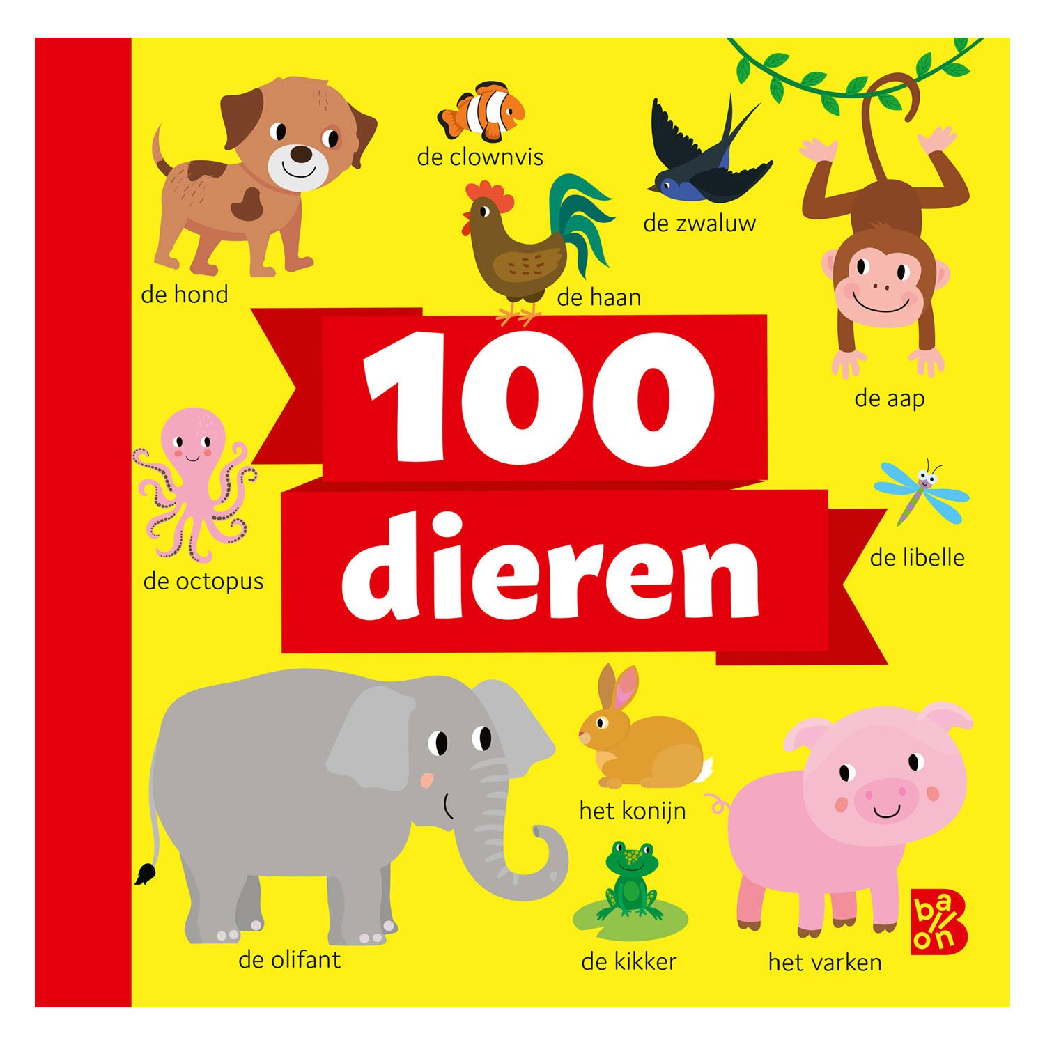 standaard-uitgeverij-kinderboek-cover-illustraties-100-dieren-geel Vrolijke kinderboek cover met illustraties van dieren zoals hond, olifant, aap en clownvis op gele achtergrond 100 Eerste Dieren Kijkboek