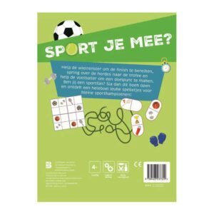 Achterkant van het kinderspelletjesboek 'Sport je mee?' met sportieve puzzels en tekenopdrachten