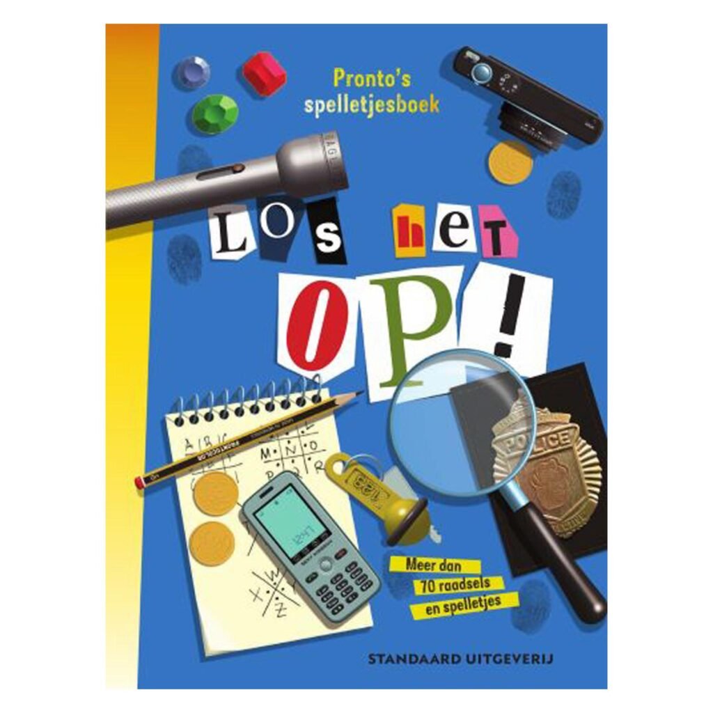 Voorkant van 'Los het op!' spelletjesboek met vergrootglas, politiebadge en puzzelitems Los het op! Pronto's Spelletjesboek