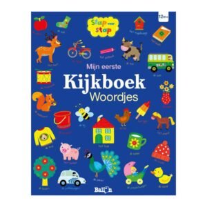 Voorkant van het kinderboek 'Mijn eerste Kijkboek Woordjes' met kleurrijke illustraties van herkenbare voorwerpen en dieren. Mijn Eerste Kijkboek - Woordjes 12m+