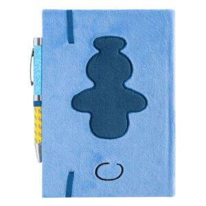 Achterkant van blauw Stitch notitieboek met silhouet ontwerp