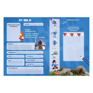 Binnenpagina van De Smurfen vriendenboek met invulvelden en vrolijke Smurfen illustraties