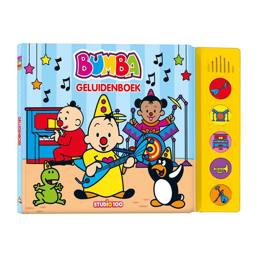Voorkant van het Bumba geluidenboek met geluidsknoppen en vrolijke karakters Bumba Geluidenboek - Muziek