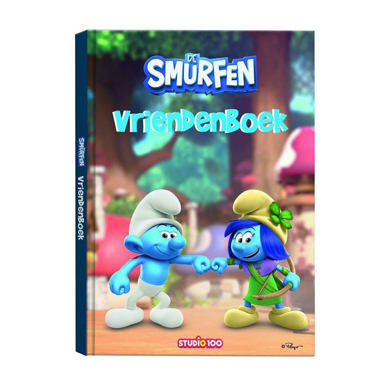 studio-100-voorkant-de-smurfen-vriendenboek-smurfen-vuistje Voorzijde van De Smurfen vriendenboek met twee Smurfen die elkaar een vuistje geven De Smurfen Vriendenboek