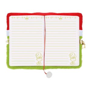 Open Grinch dagboek met gele lijnen en kerstillustraties