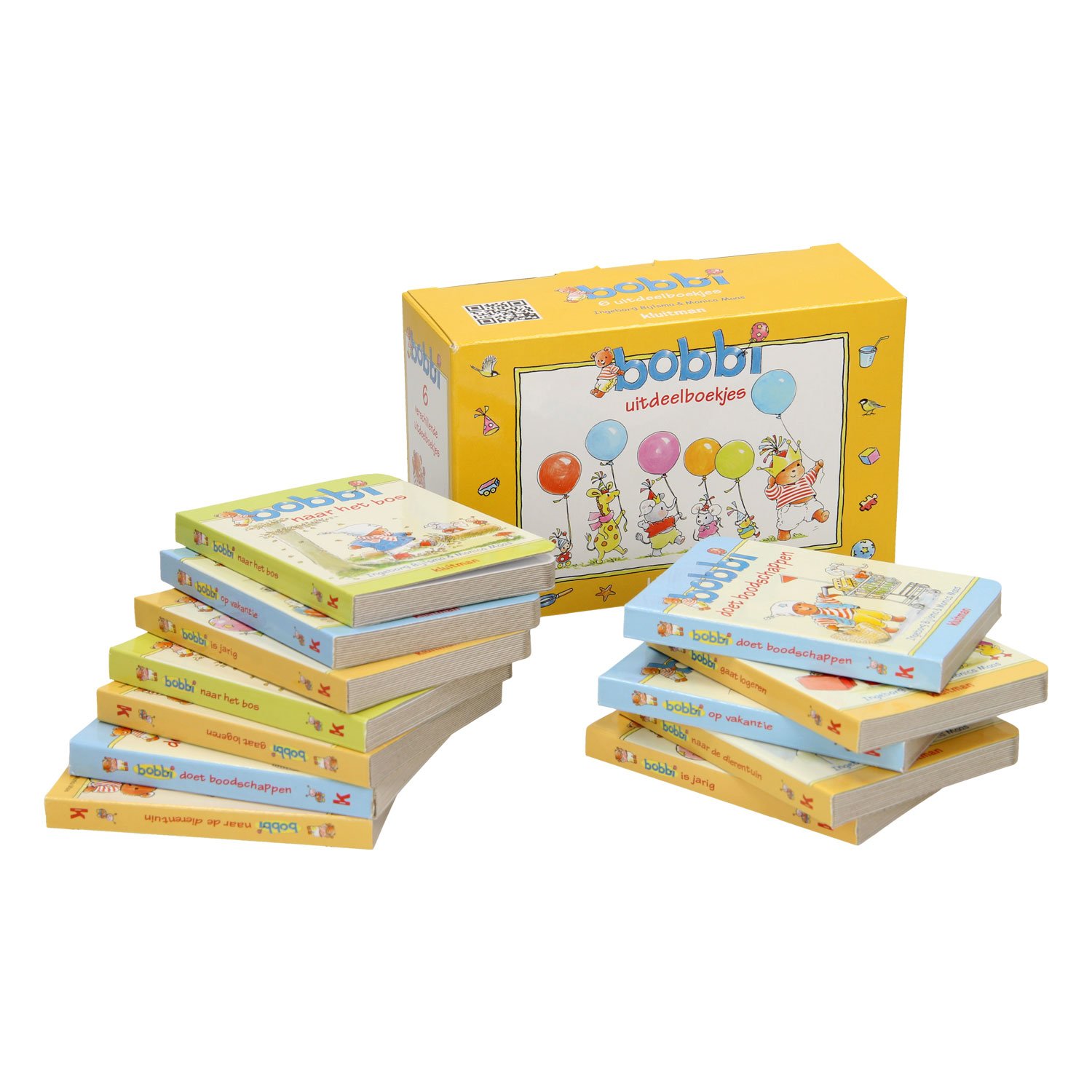 uitgeverij-kluitman-bobbi-uitdeelboekjes-complete-set-met-doos Complete set Bobbi uitdeelboekjes met stapels boekjes naast de doos Bobbi Uitdeelboekjes, 12st.