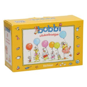 Verpakking van Bobbi uitdeelboekjes met kleurrijke illustraties op een gele doos