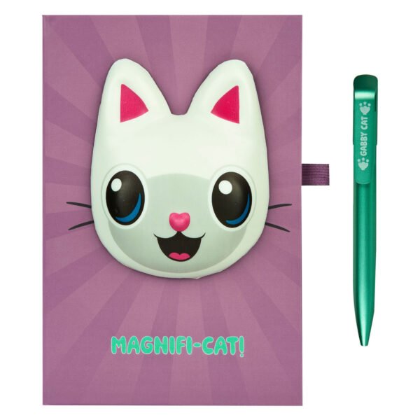 Paarse notitieboek met 3D kattengezicht en groene pen Squishy Notitieboek Gabby's Poppenhuis met Pen