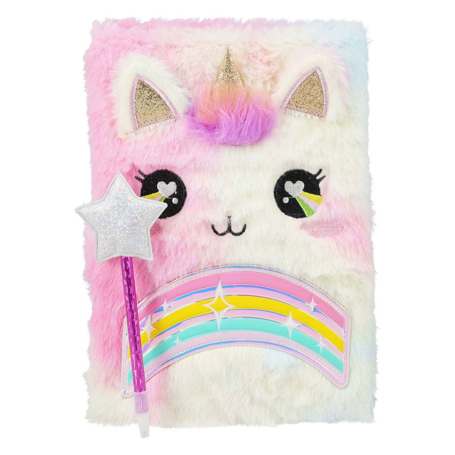 unicorn-dagboek-met-regenboog-en-glitterpen Unicorn dagboek met regenboog en glitterpen in stervorm Notitieboek Pluche met Pen - Eenhoorn