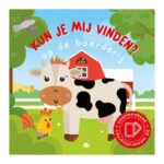Omslag van voorleesboek Kun je mij vinden? Op de boerderij voorleesboek met 20 memokaarten met koe en haan op een boerderij