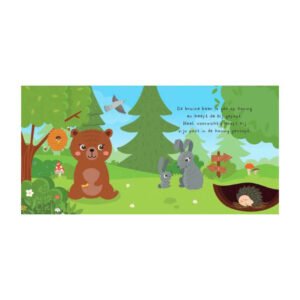 Illustratie van bruine beer met konijntjes en egel in het bos uit een kinderboek