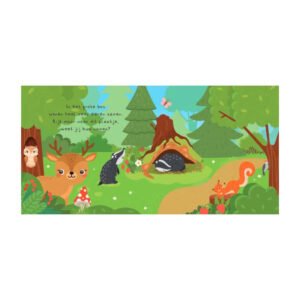 Illustratie van bosdieren zoals een hert, das, eekhoorn en uil in een kleurrijk boslandschap