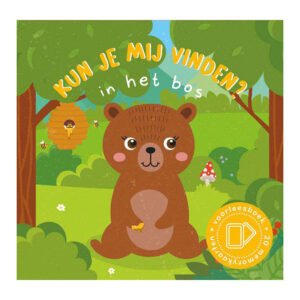 Omslag van Kun je mij vinden? In het bos Voorleesboek met bruine beer in bos en tekst ‘Kun je mij vinden?’