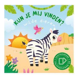 Omslag van Kun je mij vinden? Wilde dieren voorleesboek met 20 memokaarten met zebra en zonsondergang in de savanne