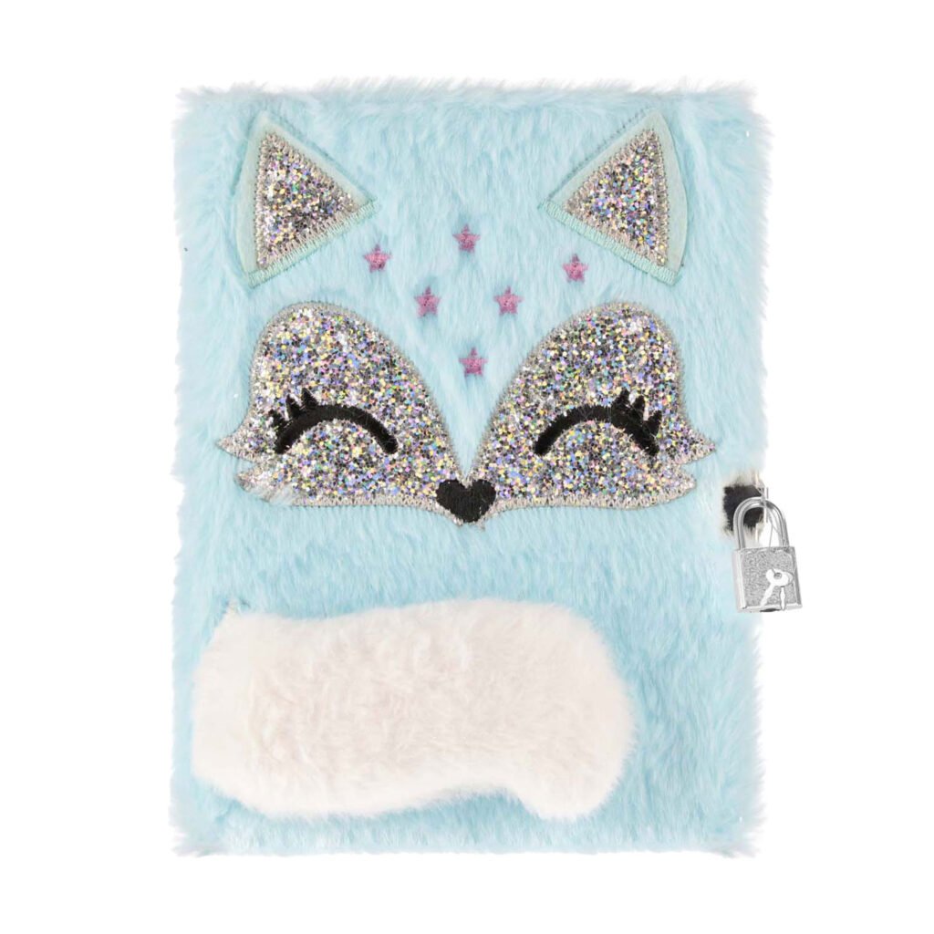 Dagboek met blauw pluche hoes, glitter vos ontwerp en zilverkleurig slotje Pluche Dagboek met Slot A5