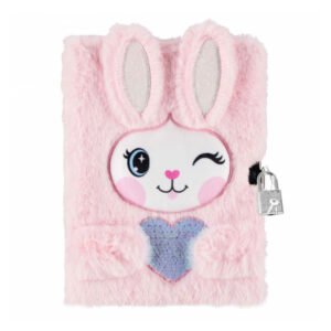 Roze pluche dagboek met konijnengezicht, hartje en slotje Pluche Dagboek Konijn & Hartje met Slot, A5