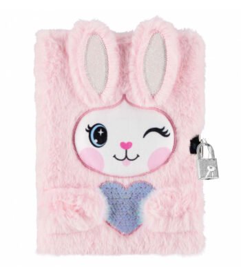 Roze pluche dagboek met konijnengezicht, hartje en slotje Pluche Dagboek Konijn & Hartje met Slot, A5